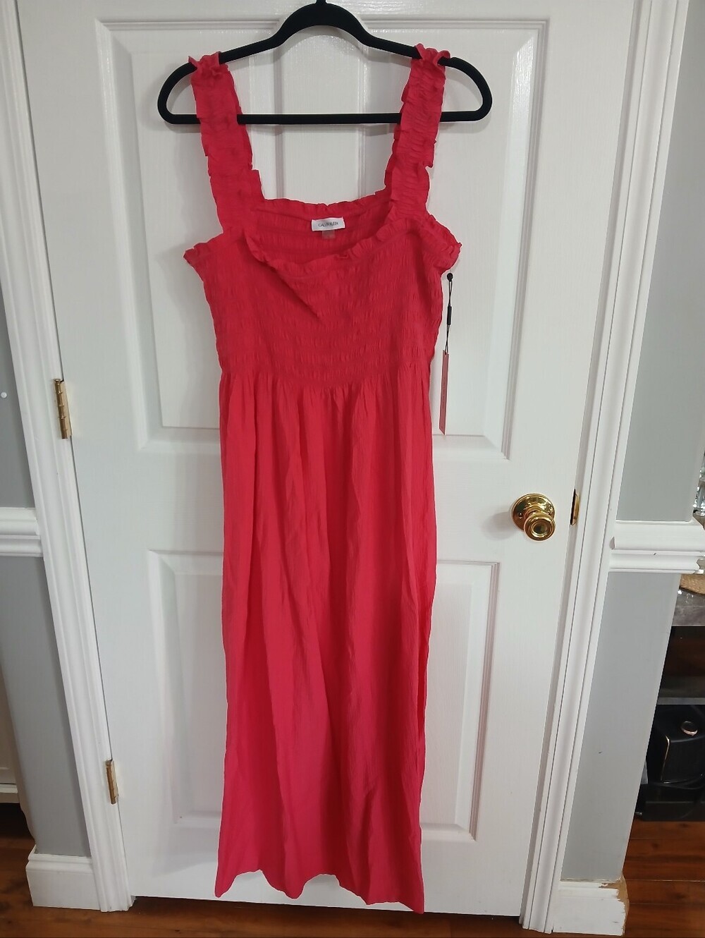 Calvin Klein Coral Smocked Strap Maxi Dress NWT Resort Beach Cottage Fairy Party